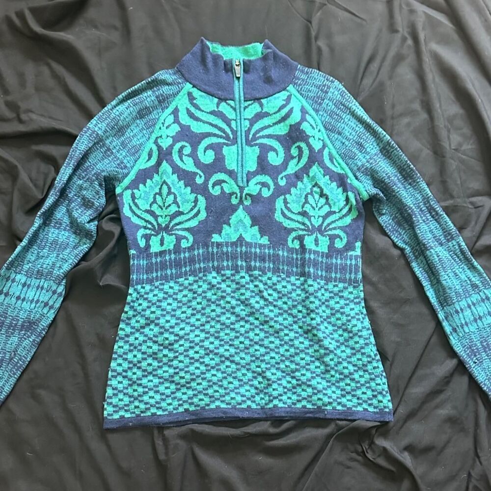 Women’s Teal and Navy Patterned Half-Zip Sweater